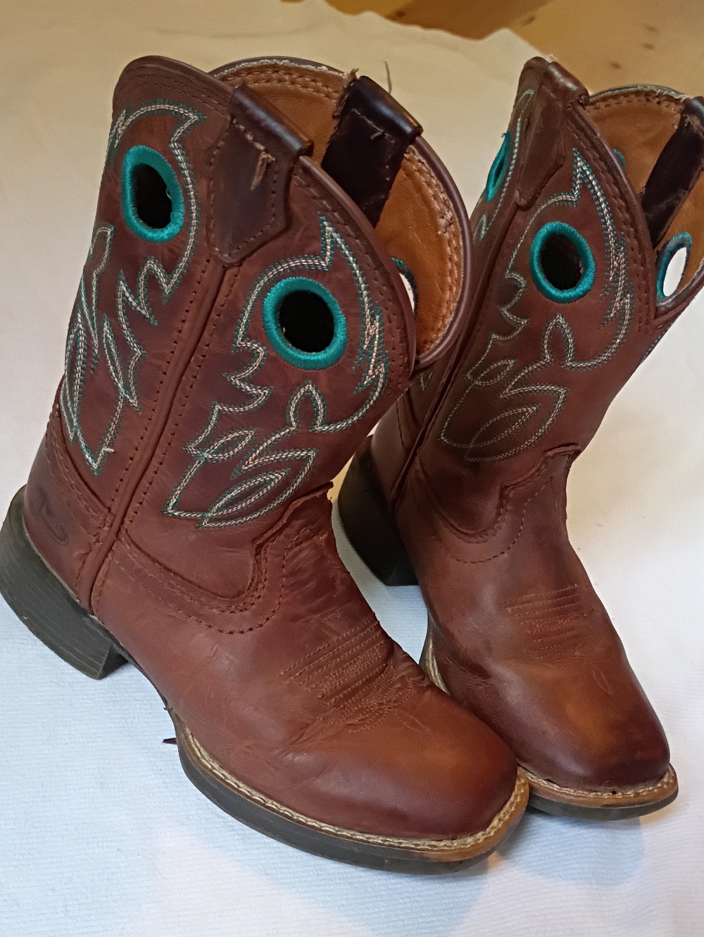 Justin Boots Kids Brown Leather Western Boots with Teal Stitching